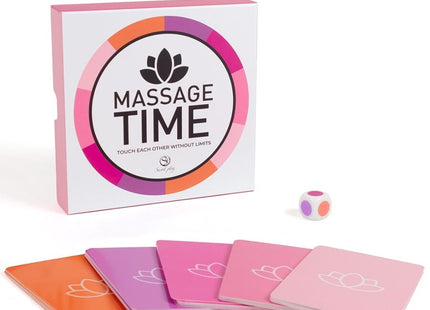 Secret play paarspiel massage time spielbox in rosa und lila mit bunten karten und kleinem würfel