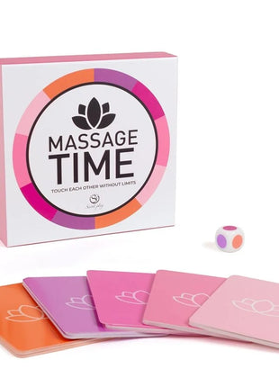 Secret play paarspiel massage time spielbox in rosa und lila mit bunten karten und kleinem würfel