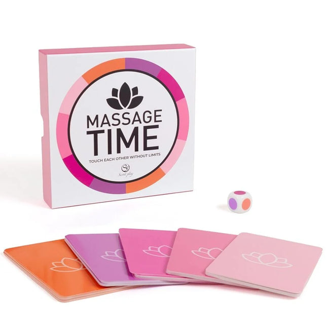 Secret play paarspiel massage time spielbox in rosa und lila mit bunten karten und kleinem würfel