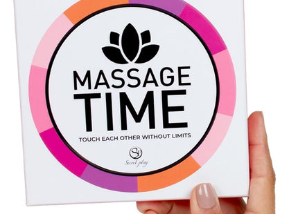Weiße quadratische box paarspiel massage time von secret play mit buntem rundem design und schwarzem text