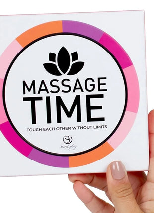 Weiße quadratische box paarspiel massage time von secret play mit buntem rundem design und schwarzem text