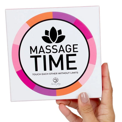 Weiße quadratische box paarspiel massage time von secret play mit buntem rundem design und schwarzem text