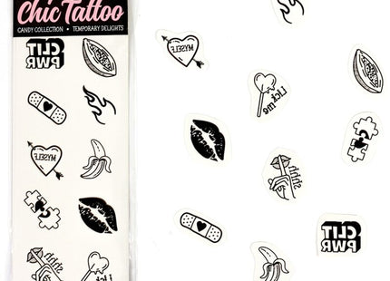 Schwarz-weiße temporäre tattoos mit bananen lollipops und verbandmotiven aus der candy collection