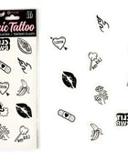 Schwarz-weiße temporäre tattoos mit bananen lollipops und verbandmotiven aus der candy collection