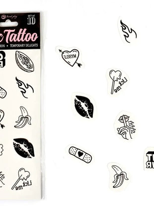 Schwarz-weiße temporäre tattoos mit bananen lollipops und verbandmotiven aus der candy collection