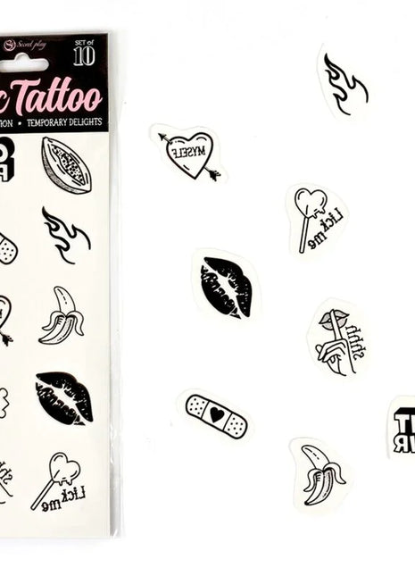 Schwarz-weiße temporäre tattoos mit bananen lollipops und verbandmotiven aus der candy collection