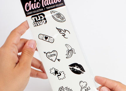 Schwarz-weiß temporäre tattoos mit zuckermotiv designs wie kakaobohne, verband mit herz, flamme und clip pwr text aus candy collection