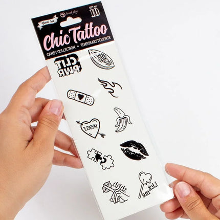 Schwarz-weiß temporäre tattoos mit zuckermotiv designs wie kakaobohne, verband mit herz, flamme und clip pwr text aus candy collection