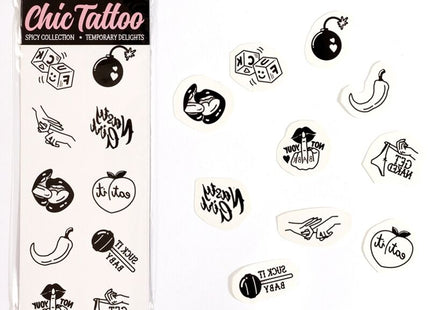 Black ink temporary tattoo set secret play with 10 bold playful designs on white backing from spicy collection