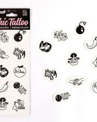 Black ink temporary tattoo set secret play with 10 bold playful designs on white backing from spicy collection