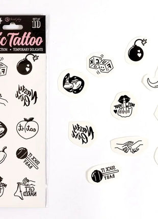 Black ink temporary tattoo set secret play with 10 bold playful designs on white backing from spicy collection