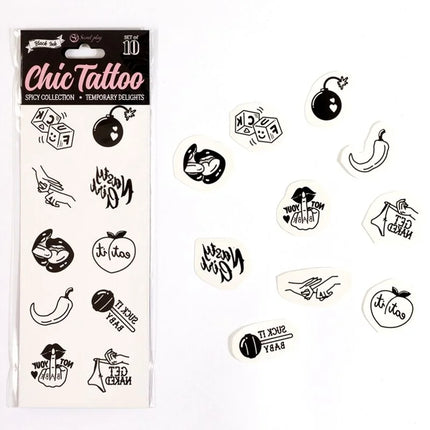 Black ink temporary tattoo set secret play with 10 bold playful designs on white backing from spicy collection