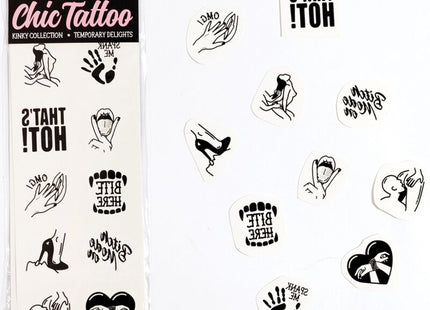 Schwarz-weiße temporäre tattoo sticker mit verspielten motiven und texten aus der secret play kinky collection