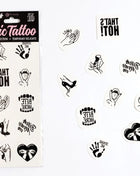 Schwarz-weiße temporäre tattoo sticker mit verspielten motiven und texten aus der secret play kinky collection