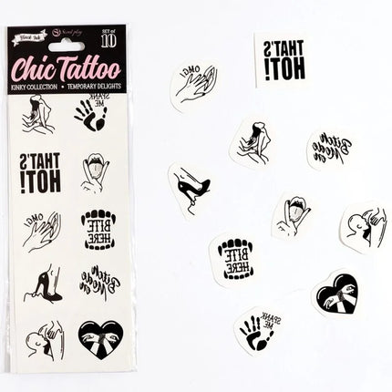 Schwarz-weiße temporäre tattoo sticker mit verspielten motiven und texten aus der secret play kinky collection