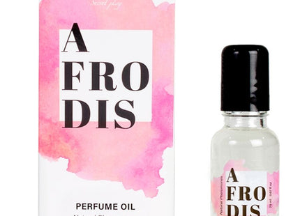 Eine klare glasflasche mit schwarzem deckel und rosa aquarelletikett, enthält afrodis parfümöl mit pheromonen für frauen 20 ml