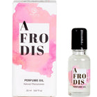 Eine klare glasflasche mit schwarzem deckel und rosa aquarelletikett, enthält afrodis parfümöl mit pheromonen für frauen 20 ml