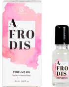 Eine klare glasflasche mit schwarzem deckel und rosa aquarelletikett, enthält afrodis parfümöl mit pheromonen für frauen 20 ml