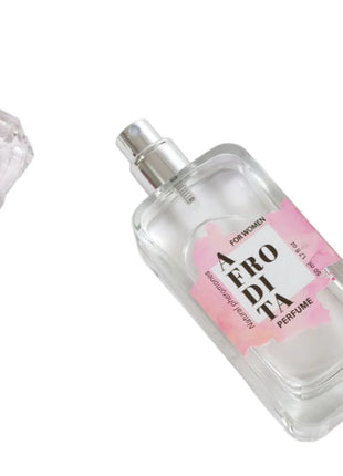 Klarer glas-parfümflakon mit silberner sprühdüse und rosa etikett aero di ta für frauen secretplay aphrodite pheromon spray 50 ml