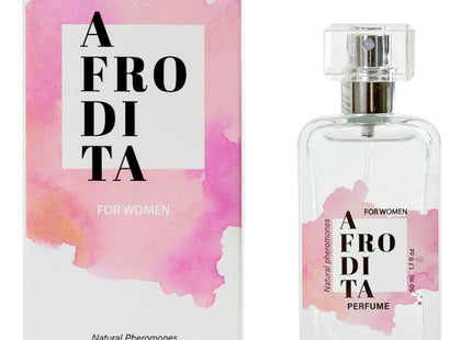 Aphrodite natürliche pheromone parfumspray 50 ml mit klarem glasflakon, silbernem sprühkopf und rosa aquarelldesign
