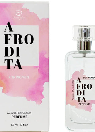 Aphrodite natürliche pheromone parfumspray 50 ml mit klarem glasflakon, silbernem sprühkopf und rosa aquarelldesign