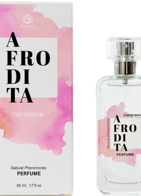 Aphrodite natürliche pheromone parfumspray 50 ml mit klarem glasflakon, silbernem sprühkopf und rosa aquarelldesign
