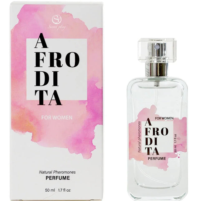 Aphrodite natürliche pheromone parfumspray 50 ml mit klarem glasflakon, silbernem sprühkopf und rosa aquarelldesign