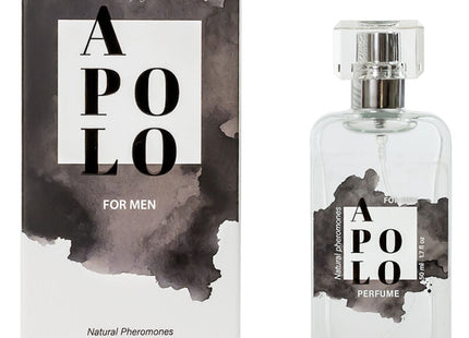 Ein schlanker transparenter glasflakon des secretplay apollo pheromonparfums für männer mit silberner kappe und schwarzem aquarelldesign