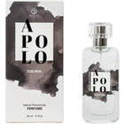 Ein schlanker transparenter glasflakon des secretplay apollo pheromonparfums für männer mit silberner kappe und schwarzem aquarelldesign