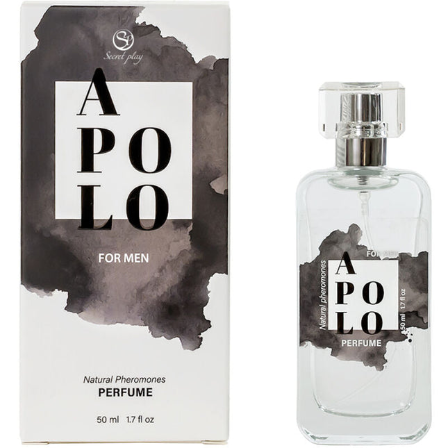 Ein schlanker transparenter glasflakon des secretplay apollo pheromonparfums für männer mit silberner kappe und schwarzem aquarelldesign
