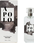 Ein schlanker transparenter glasflakon des secretplay apollo pheromonparfums für männer mit silberner kappe und schwarzem aquarelldesign