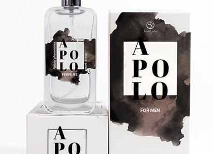 Klare glasflasche apollo für herren parfum mit silbernem spraykopf und schwarzem aquarelldesign auf dem etikett