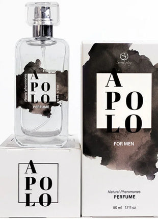Klare glasflasche apollo für herren parfum mit silbernem spraykopf und schwarzem aquarelldesign auf dem etikett