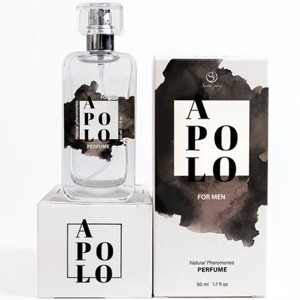 Klare glasflasche apollo für herren parfum mit silbernem spraykopf und schwarzem aquarelldesign auf dem etikett