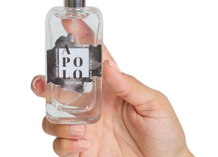 Klare glasflasche apollo für männer parfum mit silberner sprühdüse und schwarz-weißem etikett sekretplay pheromonspray 50 ml