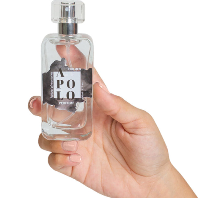 Klare glasflasche apollo für männer parfum mit silberner sprühdüse und schwarz-weißem etikett sekretplay pheromonspray 50 ml