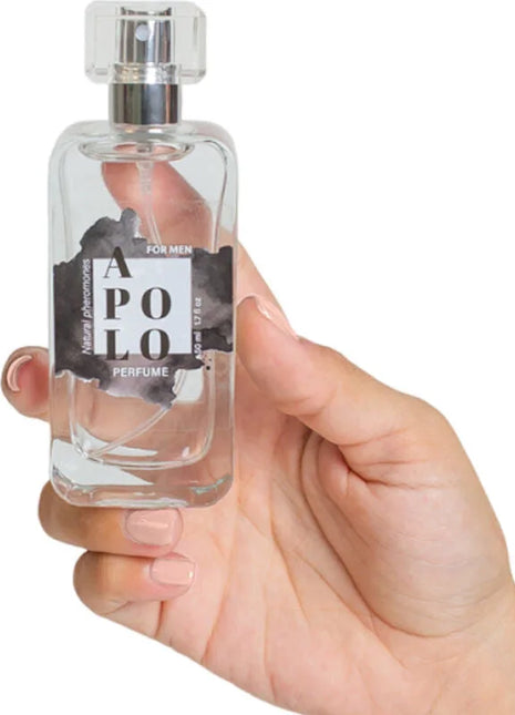 Klare glasflasche apollo für männer parfum mit silberner sprühdüse und schwarz-weißem etikett sekretplay pheromonspray 50 ml
