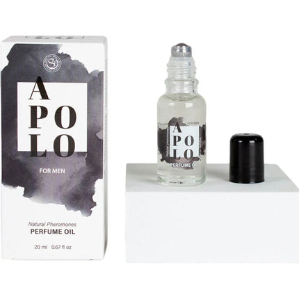 Klare glas roll-on flasche mit silberner rollerkappe und schwarzem schraubverschluss neben weißer box mit schwarzer typografie für secretplay apolo pheromon-parfümöl 20 ml