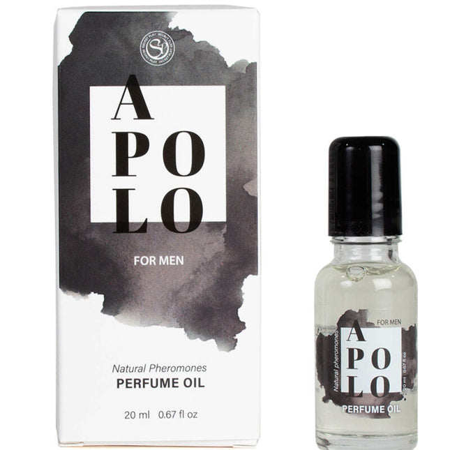 Secretplay apolo natürliches pheromon-parfümöl für männer in klarer glasflasche mit schwarzem deckel und passender box