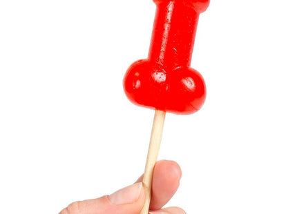 Ein glänzender roter lutscher in penisform auf einem holzstiel mit würzigem hitzeeffekt von secretplay