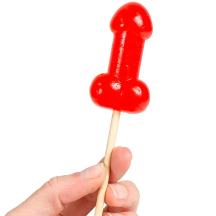 Ein glänzender roter lutscher in penisform auf einem holzstiel mit würzigem hitzeeffekt von secretplay