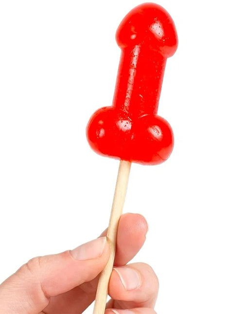 Ein glänzender roter lutscher in penisform auf einem holzstiel mit würzigem hitzeeffekt von secretplay