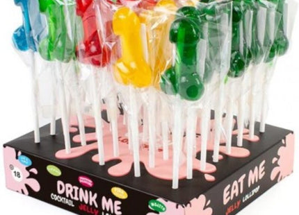 Ein farbenfrohes sortiment penis-lutscher in cocktailglasform mit alkohol einzeln verpackt auf weißen stielen