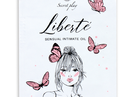 Secretplay liberté sensual intimer öl in weißer verpackung mit pinken schmetterlingen und frauenskizze für kostenlosen sexwunsch