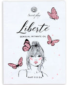 Secretplay liberté sensual intimer öl in weißer verpackung mit pinken schmetterlingen und frauenskizze für kostenlosen sexwunsch