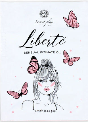 Secretplay liberté sensual intimer öl in weißer verpackung mit pinken schmetterlingen und frauenskizze für kostenlosen sexwunsch