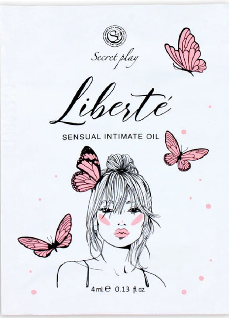 Secretplay liberté sensual intimer öl in weißer verpackung mit pinken schmetterlingen und frauenskizze für kostenlosen sexwunsch