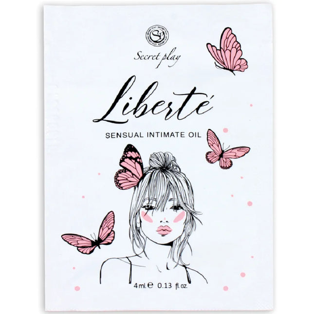 Secretplay liberté sensual intimer öl in weißer verpackung mit pinken schmetterlingen und frauenskizze für kostenlosen sexwunsch