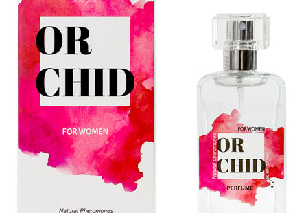 Klare glasparfümflasche secretplay orchidee natürliche pheromon parfumspray 50 ml mit silbernem zerstäuber und rosa etikett neben passender verpackung