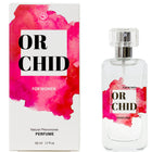 Klare glasparfümflasche secretplay orchidee natürliche pheromon parfumspray 50 ml mit silbernem zerstäuber und rosa etikett neben passender verpackung